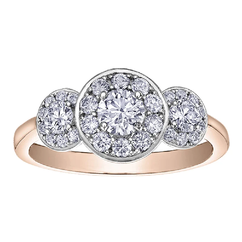 Cathedral - Style Women's Diamond Rings with a Raised Center Setting and Elaborate MetalworkCanadian Three Stone Diamond Ring with Halos