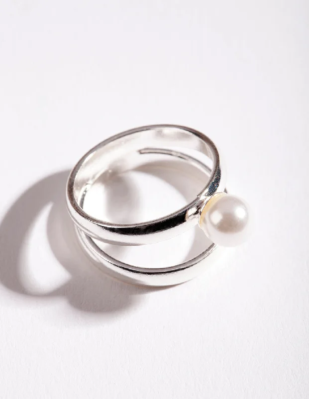 Pearl - Adorned Fashion Rings in Gold - Tone Alloy for a Sophisticated LookSilver Double Pearl Ring