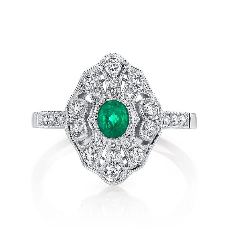 Geometric - Shaped Fashion Rings in Titanium with Iridescent Inlays14K White Gold 0.24ct. Emerald & 0.35ct. Diamond Filigree & Milgrain Detailing Fashion Ring