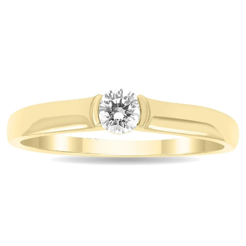 Cathedral - Style Women's Diamond Rings with a Raised Center Setting and Elaborate Metalwork1/4 Carat Half Bezel Diamond Solitaire Ring in 10K Yellow Gold