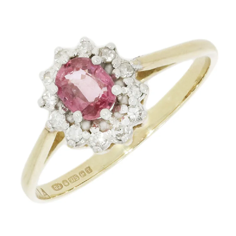 Pear - Shaped Women's Diamond Rings in Yellow Gold with a Single - Diamond Pendant Look9ct Yellow Gold Pink Sapphire and Diamond Cluster Ring