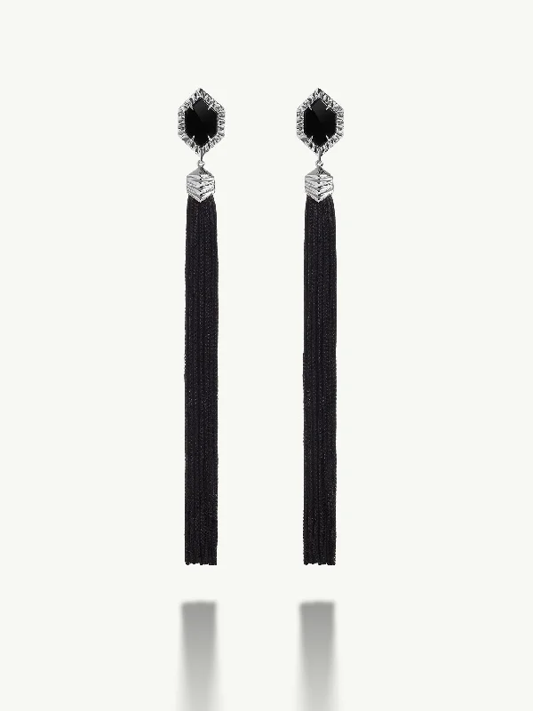 Round - cut diamond engagement ring with a twisted band design in 14K white goldAlexandria Tassel Earrings With Black Onyx Agate In 18K White Gold