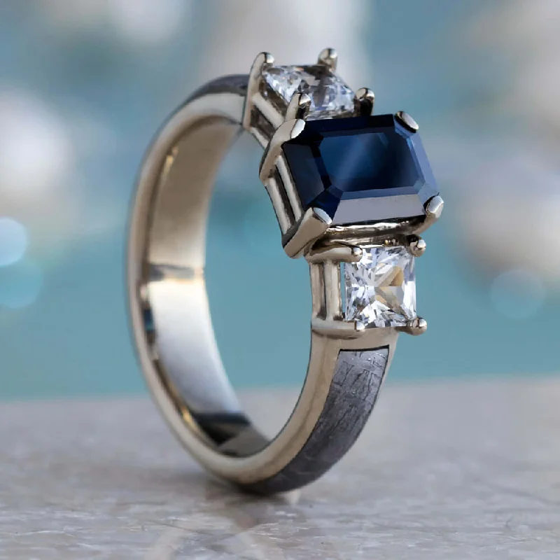 Men's Agate Engagement Rings in Sterling Silver with a Mosaic - Style InlayBlue and White Sapphire Three Stone Ring with Meteorite