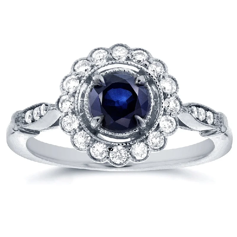 Halo - Style Women's Diamond Rings with a Center Diamond Surrounded by Smaller Diamonds in 18K GoldAnnello by Kobelli 14k White Gold Round-cut Sapphire and 1/4ct TDW Diamond Art Deco Flower Engagemen