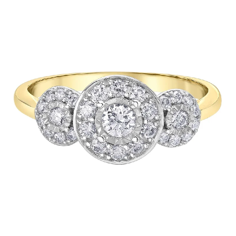 Vintage - Style Women's Diamond Rings with Floral - Engraved Bands and Multiple Diamond AccentsThree-Stone Diamond Ring with Halos