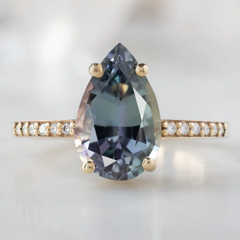 Men's Alexandrite Engagement Rings in Platinum with a Hidden Halo of DiamondsThe Willow Ring | 2.26ct Pear Tanzanite in 14K Yellow Gold