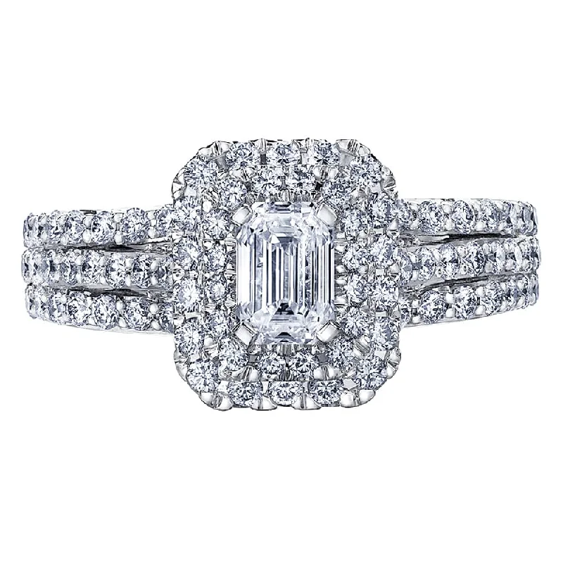 Art Deco - Inspired Women's Diamond Rings with Geometric Designs and Baguette - Cut DiamondsEmerald Cut Canadian Diamond Triple-Banded Engagement Ring