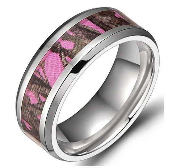 Adjustable Fashion Rings in Leather and Brass with a Tribal - Inspired Design8mm Pink Camouflage Men's Titanium Ring Pink Forest Comfort Fit Wedding Band Women's