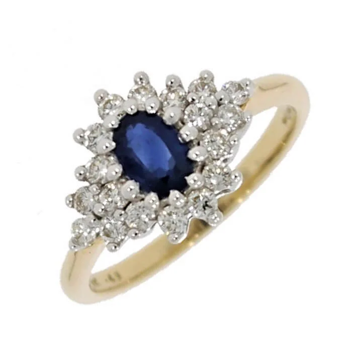 Art Deco - Inspired Women's Diamond Rings with Geometric Designs and Baguette - Cut Diamonds9ct Yellow Gold 0.49cts Brilliant Cut Diamond & Sapphire Cluster Ring