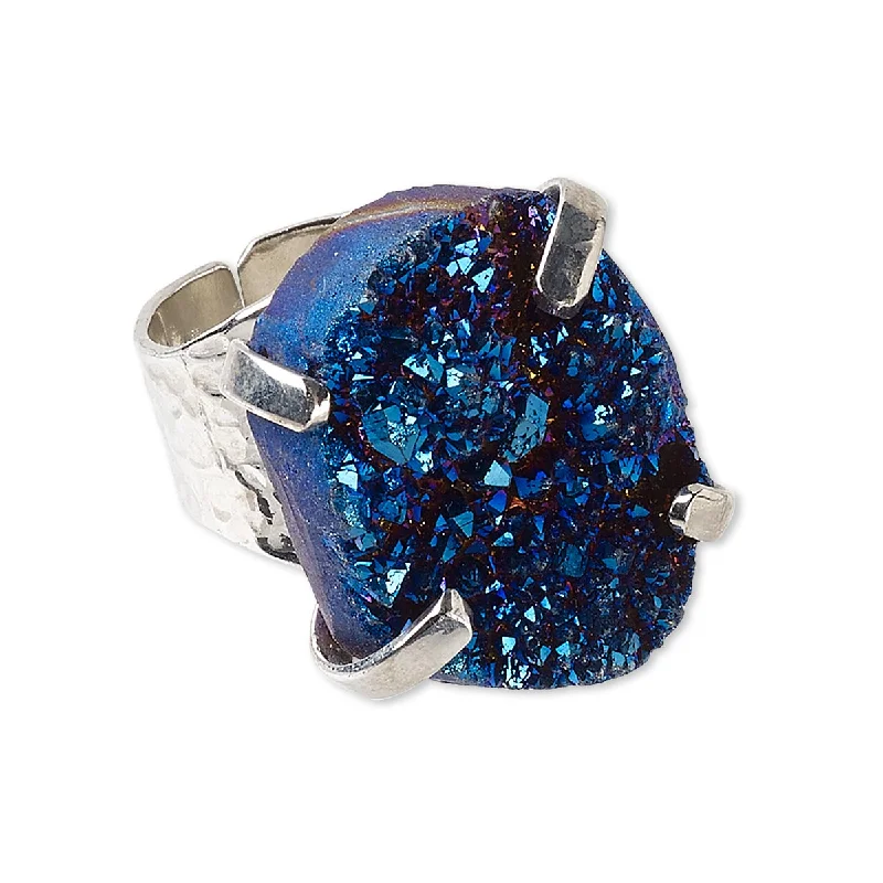 Stackable Fashion Rings in Rose - Gold Tone with Delicate Floral EngravingsAdjustable Silver Plated Electric Blue Druzy Agate Gemstone Fashion Cocktail Ring