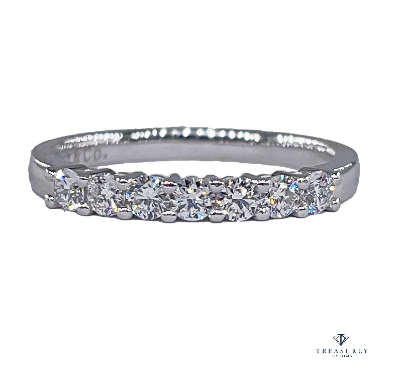 Women's Diamond Rings with Sapphire Accents in Blue for a Colorful and Sophisticated TouchTIFFANY & Co Authentic Embrace with a Half Circle of 7 Diamonds Forever Platinum Ring Pt950