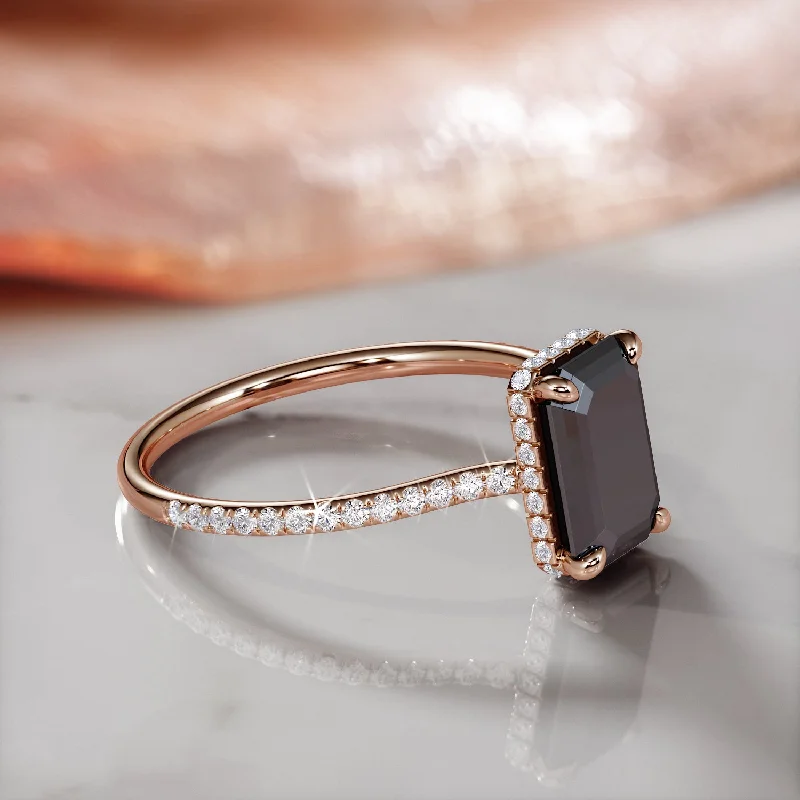 Art Deco - Inspired Women's Diamond Rings with Geometric Designs and Baguette - Cut DiamondsLunar Cascade - Art Deco  Natural Black Diamond Emerald Cut Engagement Ring