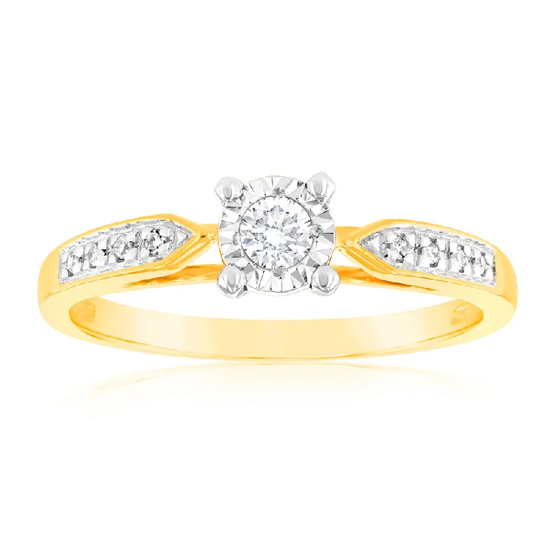 Halo - Style Women's Diamond Rings with a Center Diamond Surrounded by Smaller Diamonds in 18K GoldLuminesce Lab Grown 9ct Yellow Gold 1/10 Carat Diamond Ring