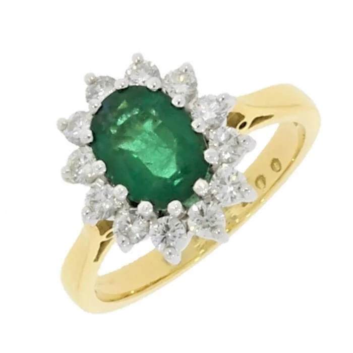 Cathedral - Style Women's Diamond Rings with a Raised Center Setting and Elaborate Metalwork18ct Yellow Gold 1.50ct Emerald & 0.54 Diamond Cluster Ring