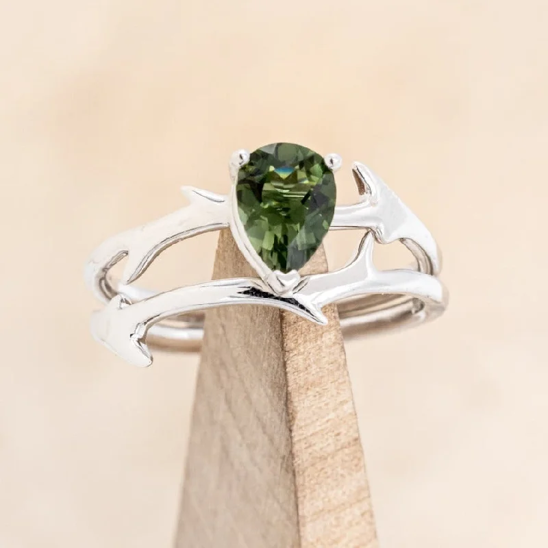 Men's Moonstone Engagement Rings in Silver - Plated Copper with a Celtic Knot Pattern"ARTEMIS" - PEAR GREEN TOURMALINE ENGAGEMENT RING WITH AN ANTLER-STYLE STACKING BAND