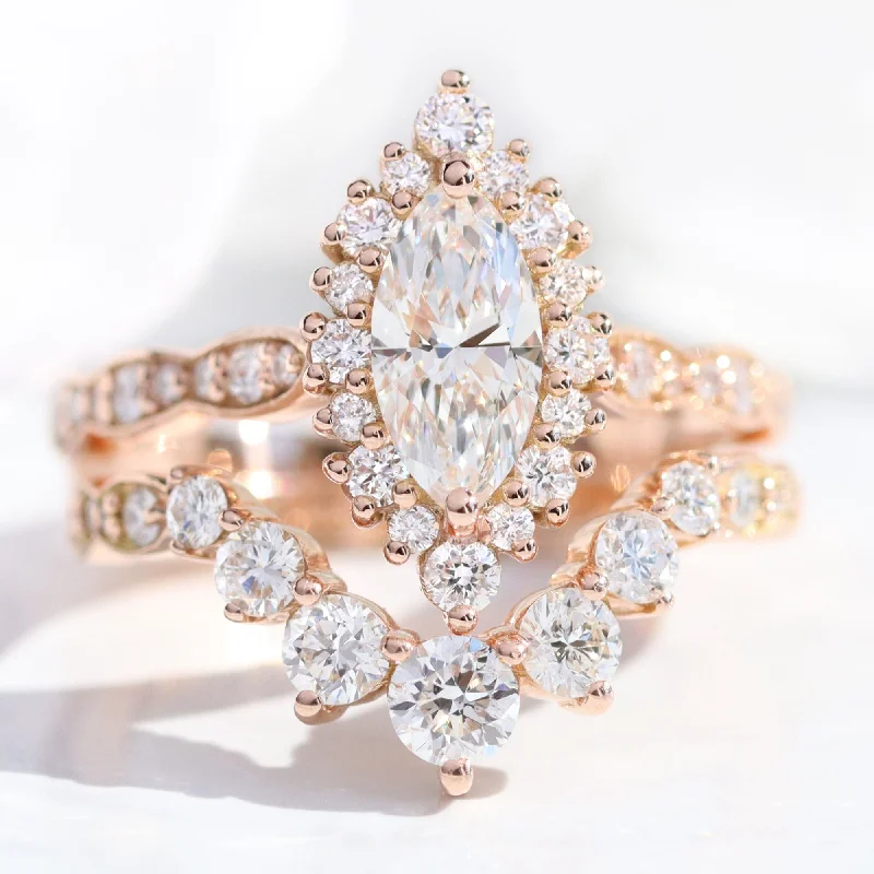 Tennis - Style Women's Diamond Rings with a Continuous Row of Diamonds for a Classic and Versatile LookMarquise Diamond Halo Scalloped Ring w/ Lab Diamond and Large 7 Stone Wedding Band