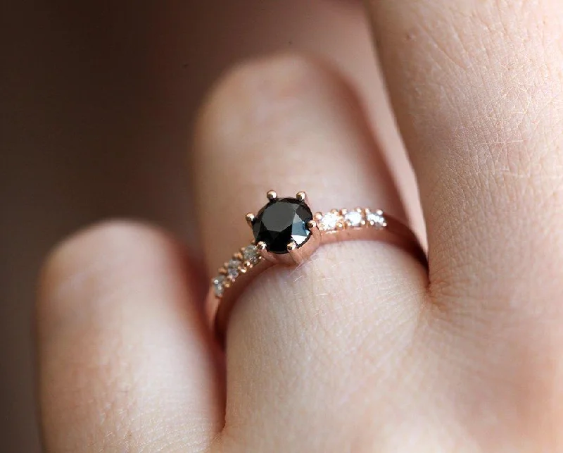 Cathedral - Style Women's Diamond Rings with a Raised Center Setting and Elaborate MetalworkBlack Diamond Ring, Rose Gold Ring