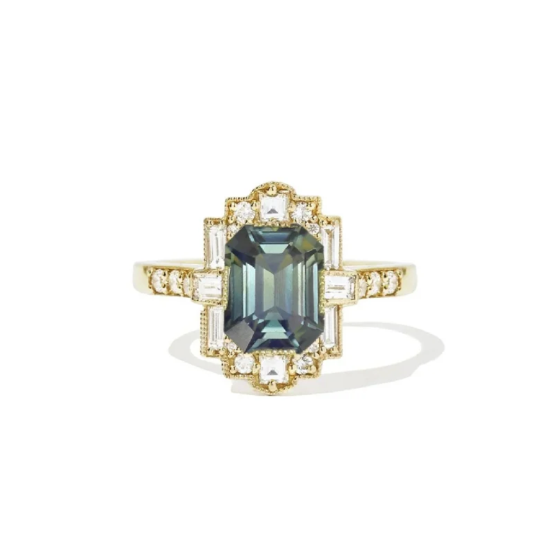 Men's Lapis Lazuli Engagement Rings in Sterling Silver with a Star - Shaped Stone SettingOpalescent Teal Sapphire Deco Emerald Cut Diamond Mosaic Ring