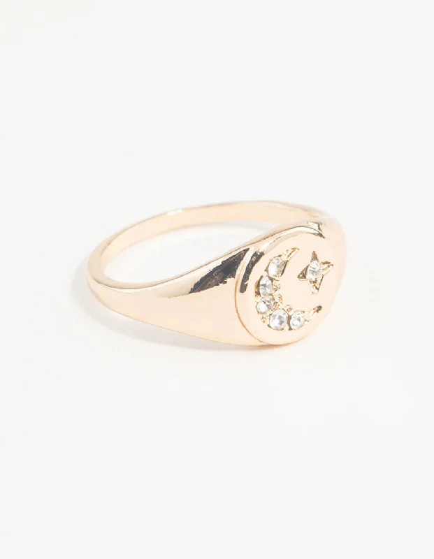 Pearl - Adorned Fashion Rings in Gold - Tone Alloy for a Sophisticated LookGold Celestial Diamante Moon Ring