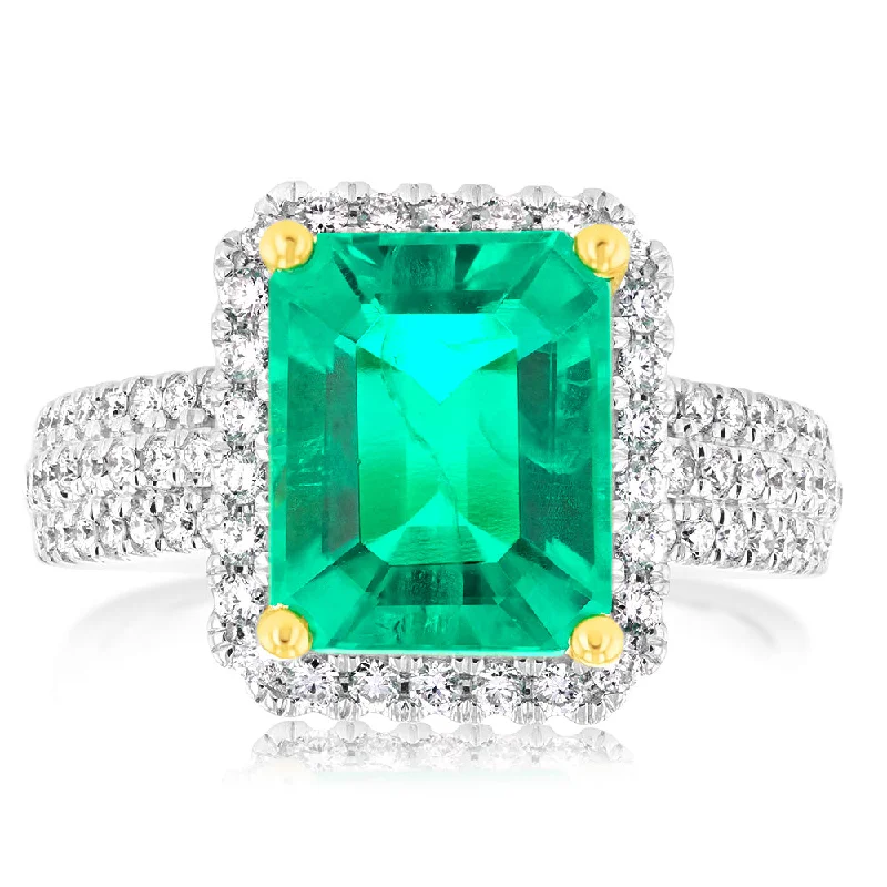 Vintage - Style Women's Diamond Rings with Floral - Engraved Bands and Multiple Diamond AccentsLuminesce Lab Grown 0.45Carat Diamond with Created Emerald in 9ct Yellow Gold