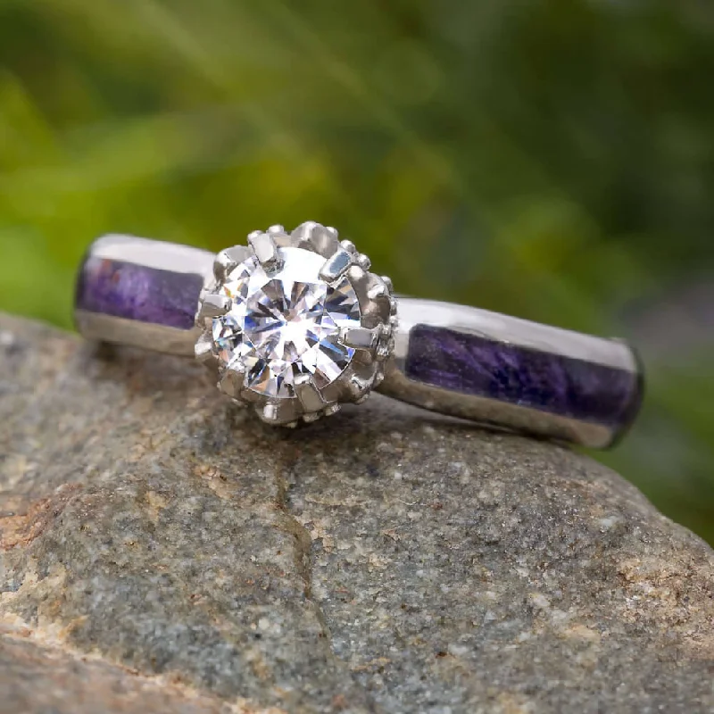 Men's Diamond Engagement Rings with Platinum Band and Halo Setting for a Luxury ProposalMoissanite Lotus Engagement Ring with Purple Burl Wood