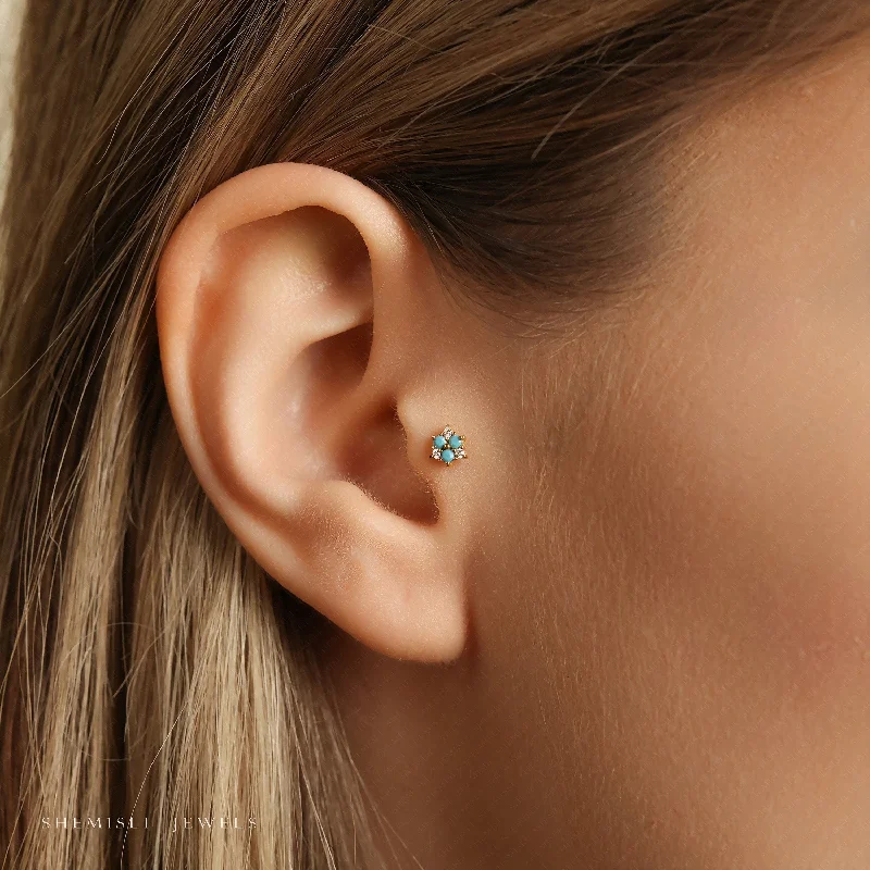 Vintage - Inspired Filigree - Worked Stud Earrings in Gold - Tone for an Antique AestheticTiny Turquoise Flower Threadless Flat Back Tragus Stud, 20,18,16ga, 5-10mm Surgical Steel SHEMISLI SS1000