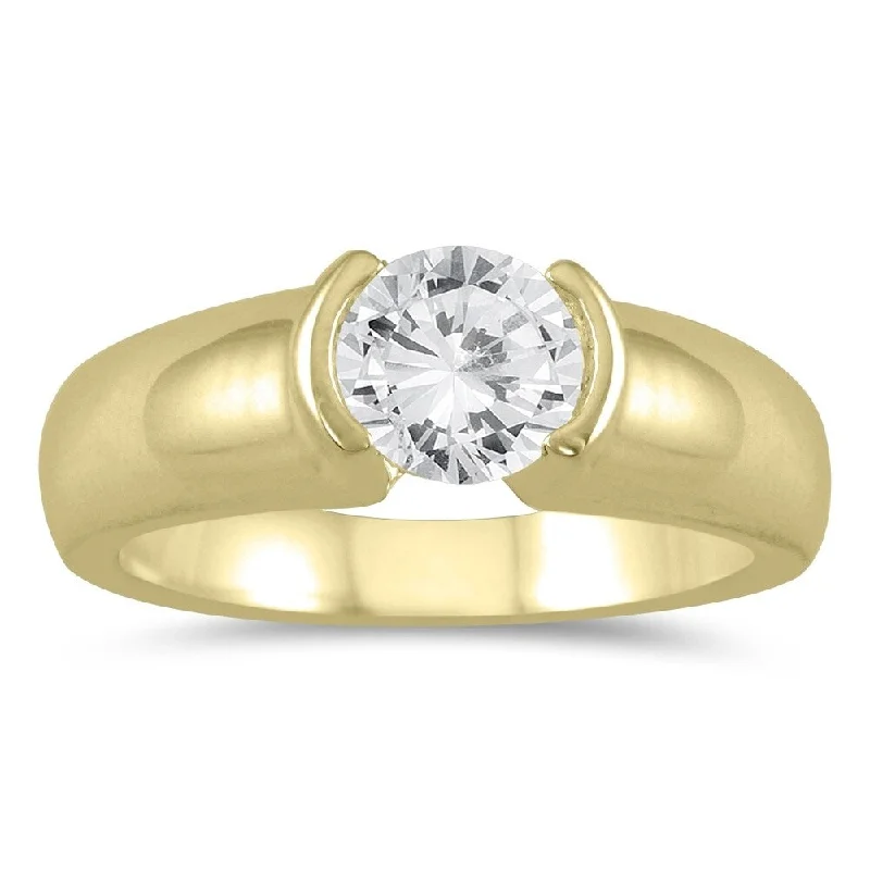 Vintage - Style Women's Diamond Rings with Floral - Engraved Bands and Multiple Diamond AccentsAGS Certified 3/4 Carat Half Bezel Diamond Solitaire Ring in 14K Yellow Gold (H-I Color, I1-I2 Clarity)