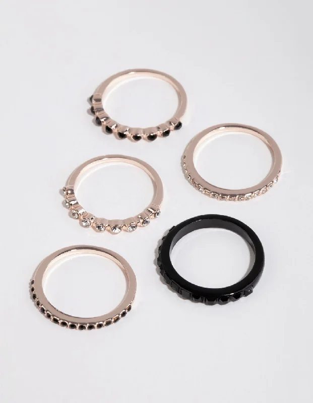 Stackable Fashion Rings in Rose - Gold Tone with Delicate Floral EngravingsRose Gold Black Stone Ring 4-Pack