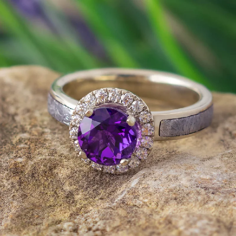 Men's Opal Engagement Rings in 10K Gold with a Milgrain - Trimmed BandAmethyst Engagement Ring With Moissanite Halo & Meteorite