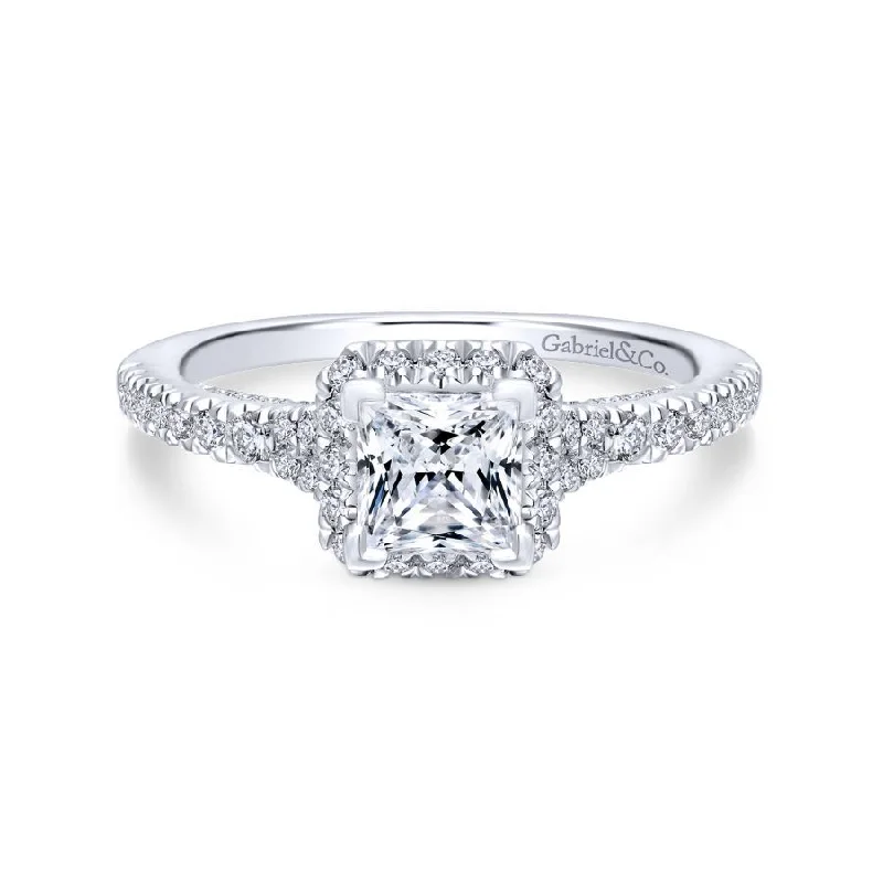 Cushion - cut diamond engagement ring with a halo of moissanite in a silver - plated bandBalsam Princess Engagement Ring Setting