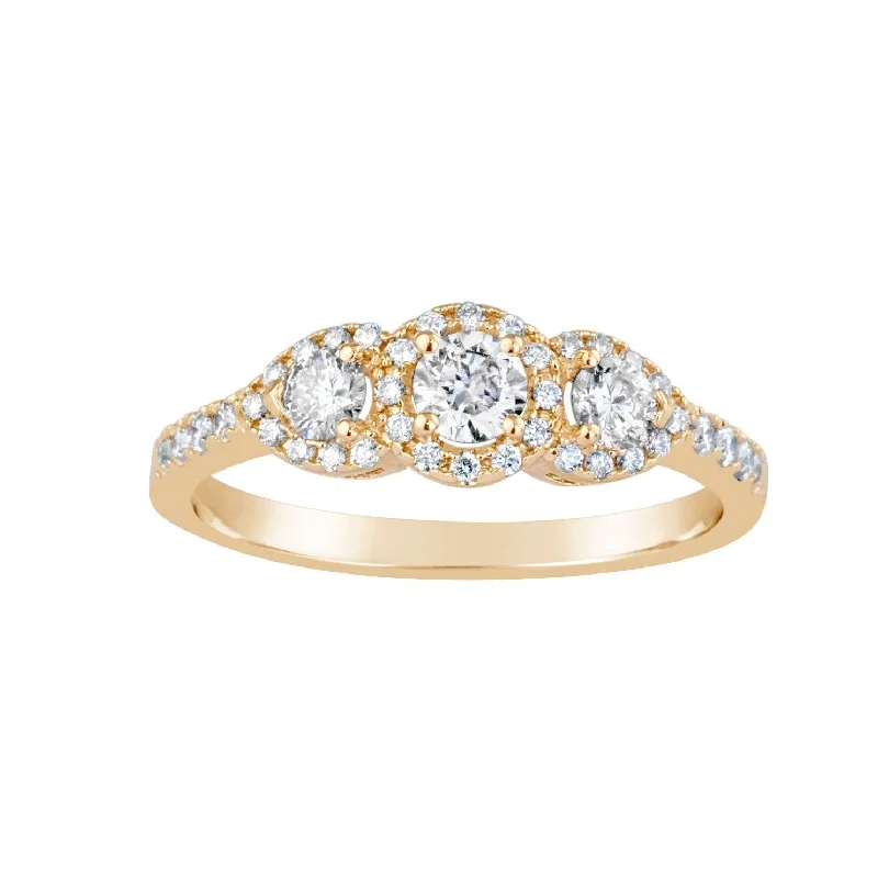 Vintage - Style Women's Diamond Rings with Floral - Engraved Bands and Multiple Diamond Accents9ct Yellow Gold Diamond Set Halo Trilogy Ring