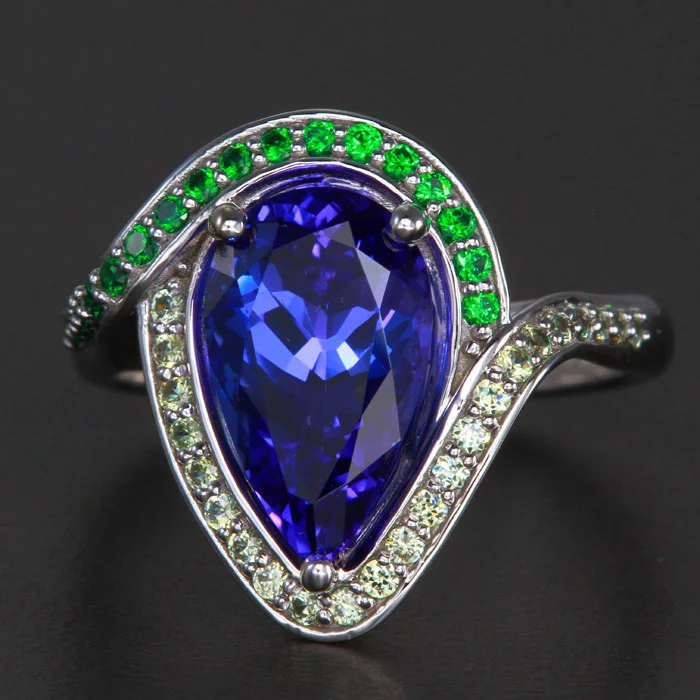 Men's Aquamarine Engagement Rings in 9K Gold with a Bezel - Set StoneEXCLUSIVE SALE 25% OFF W/CODE 25OFF - 14k White Gold Pear Shape Tanzanite, Tsavorite and Demantoid Ring  3.73 Carats