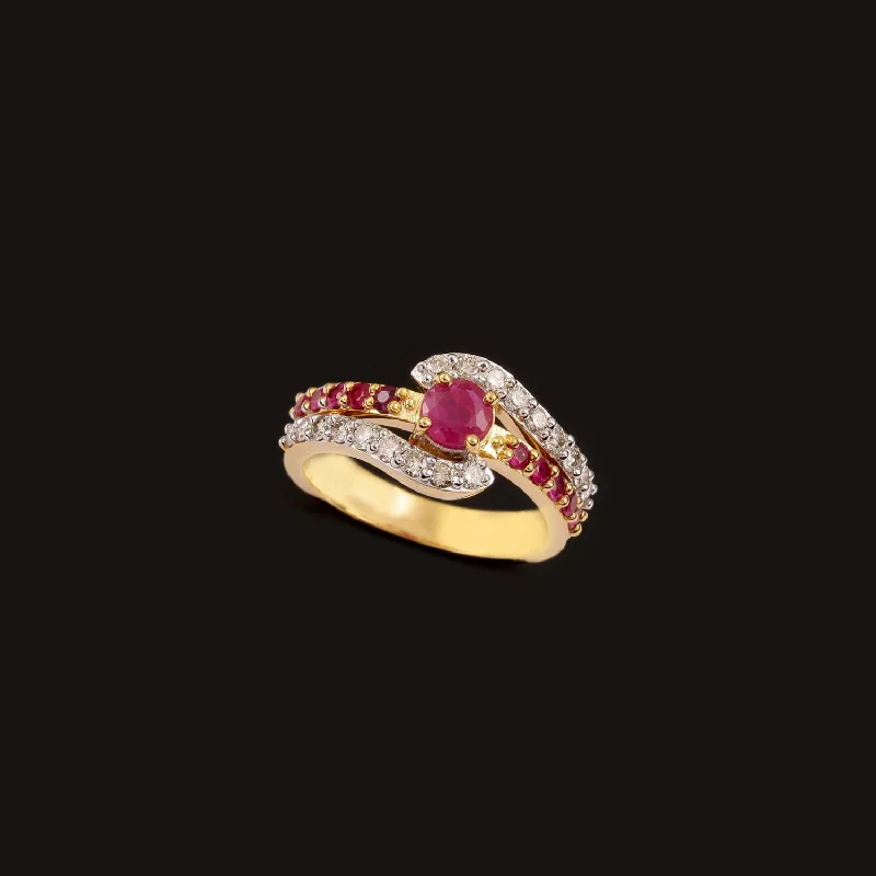 Art Deco - Inspired Women's Diamond Rings with Geometric Designs and Baguette - Cut Diamonds18K YG Cluster Diamond with Ruby Ring-1pc