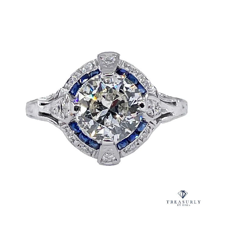 Women's Solitaire Diamond Rings with Round - Cut Diamonds and Platinum Settings for an Elegant EngagementArt Deco GIA Vintage Antique 3.0ct Old EUROPEAN Diamond Sapphire Platinum Engagement Ring