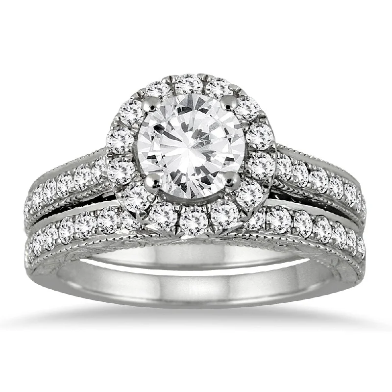 Vintage - Style Women's Diamond Rings with Floral - Engraved Bands and Multiple Diamond AccentsAGS Certified 2 Carat TW Diamond Halo Bridal Set in 14K White Gold (I-J Color, I2-I3 Clarity)