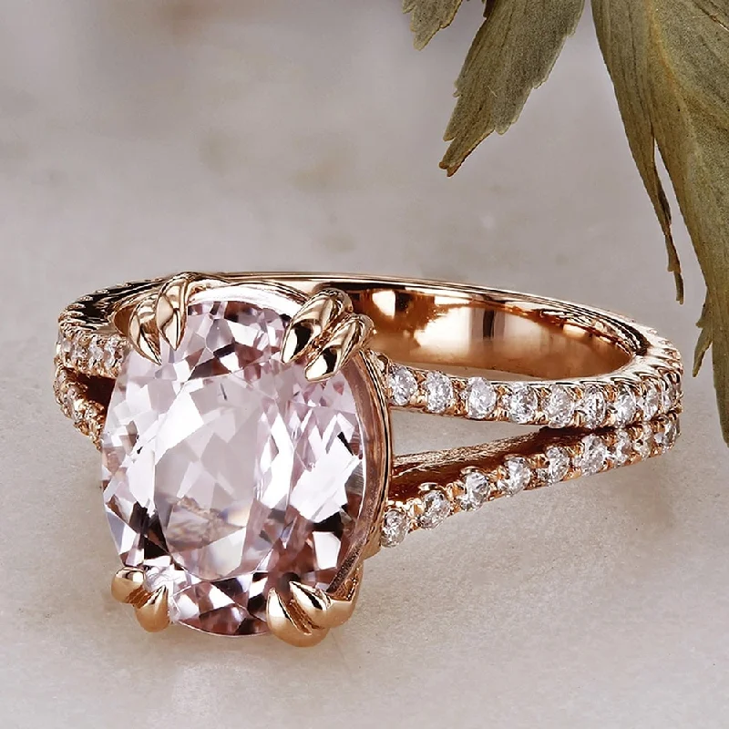 Cathedral - Style Women's Diamond Rings with a Raised Center Setting and Elaborate MetalworkAnnello by Kobelli 14k Rose Gold 3 4/5ct TGW Oval-cut Kunzite Pink Gemstone and Diamond Split Shank Ring