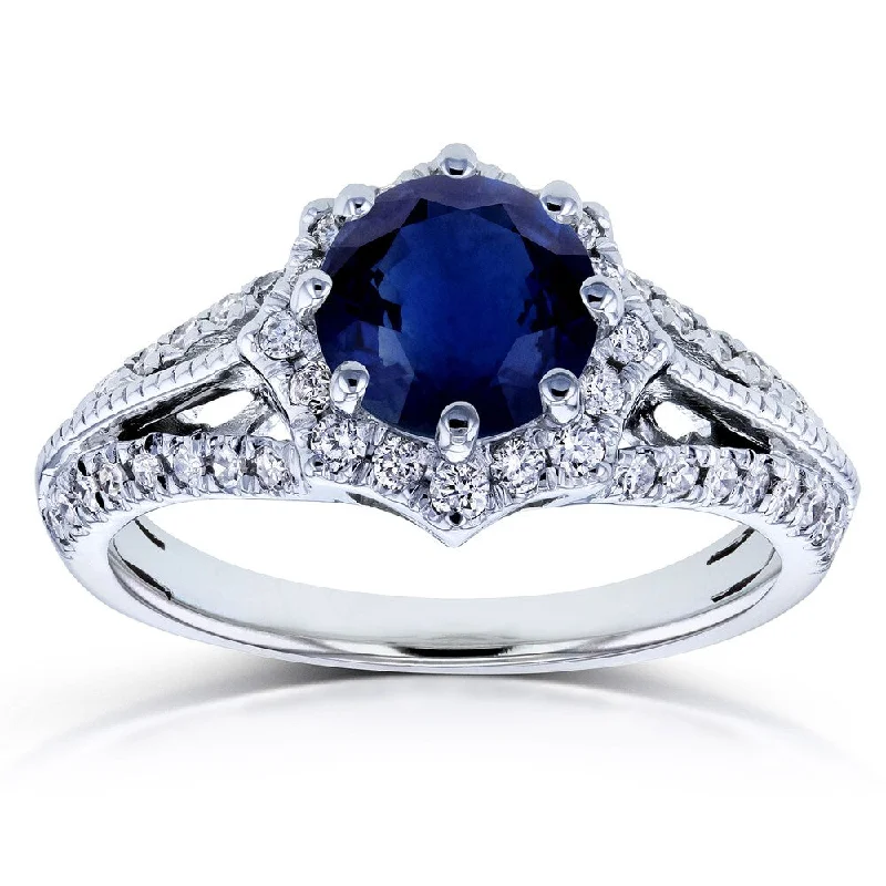 Art Deco - Inspired Women's Diamond Rings with Geometric Designs and Baguette - Cut DiamondsAnnello by Kobelli 14k White Gold Blue Sapphire and 1/3ct TDW Diamond Star Halo Engagement Ring (H-I, I1-I2)