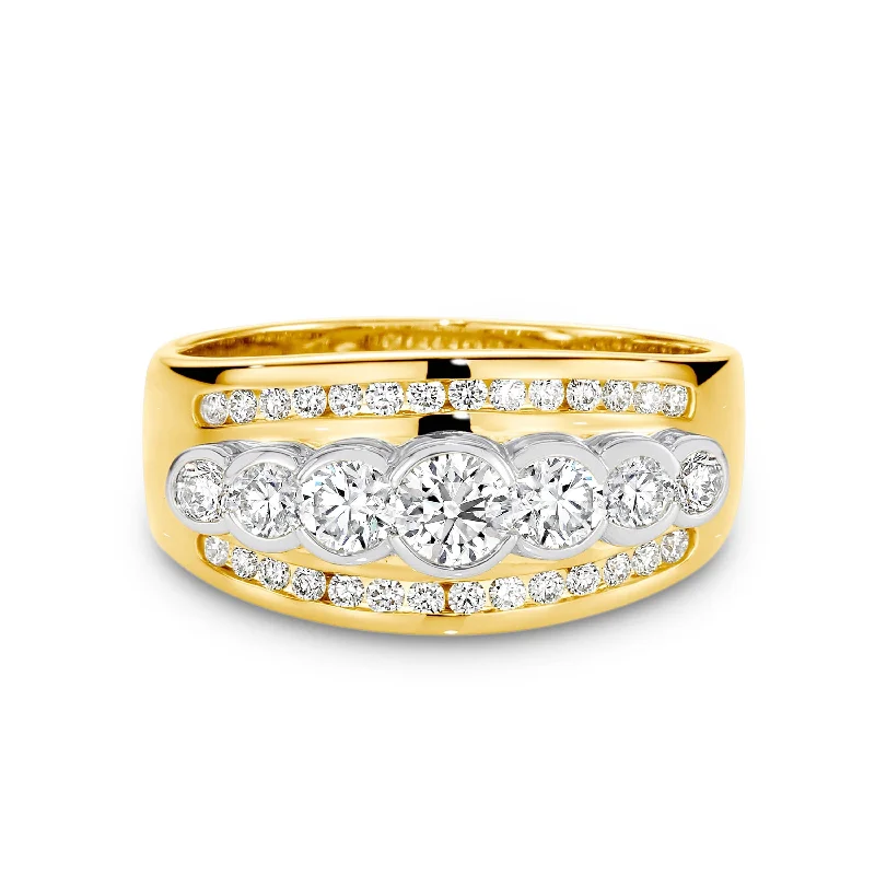 Three - Stone Women's Diamond Rings Symbolizing Past, Present, and Future with Emerald - Cut Diamonds7 Stone Wide Band Ring