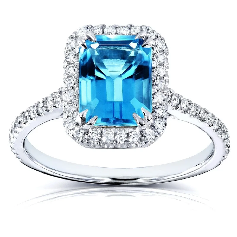 Vintage - Style Women's Diamond Rings with Floral - Engraved Bands and Multiple Diamond AccentsAnnello by Kobelli 14k White Gold 1 3/4ct TGW Emerald Cut Swiss Blue Topaz and Diamond Halo Gemstone Ring