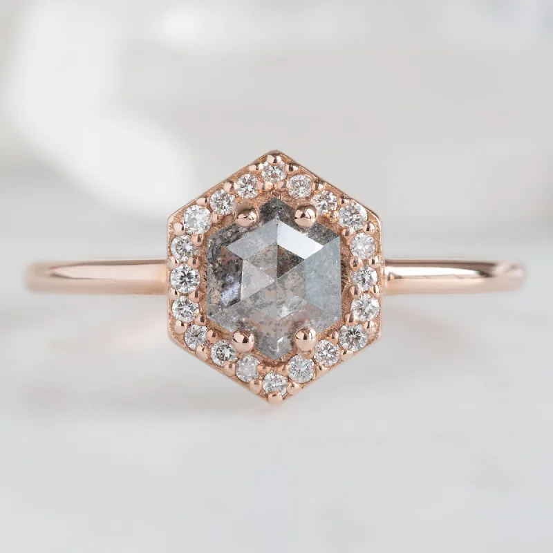 Men's Ruby Engagement Rings in Rose Gold with a Solitaire Design for a Romantic GestureThe Dahlia Ring | 0.89ct Hexagon Salt and Pepper Diamond in 14K Rose Gold