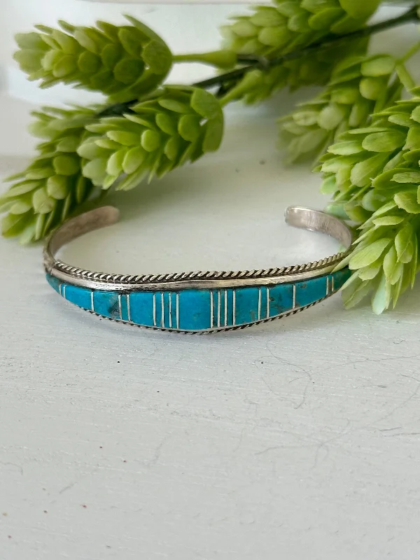 Gold - Plated Women's Cuff Bracelets with Precious Gemstone Inlays for Luxury and EleganceNavajo Made Kingman Turquoise & Sterling Silver Inlay Cuff Bracelet