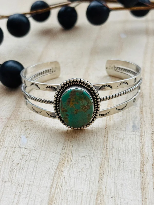 Vintage - Inspired Women's Cuff Bracelets with Filigree Work for a Retro AppealSouthwest Made Kingman Turquoise & Sterling Silver Cuff Bracelet