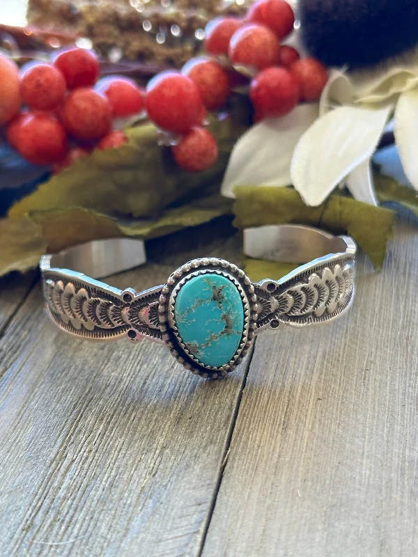 Vintage - Inspired Women's Cuff Bracelets with Filigree Work for a Retro AppealNavajo Made Kingman Turquoise & Sterling Silver Cuff Bracelet