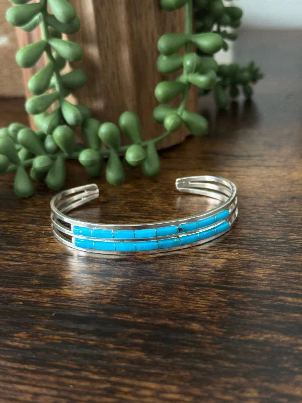 Silk - Wrapped Women's Cuff Bracelets in Soft Pastels for a Delicate and Elegant AppearanceNavajo Made Kingman Turquoise & Sterling Silver Inlay Cuff Bracelet