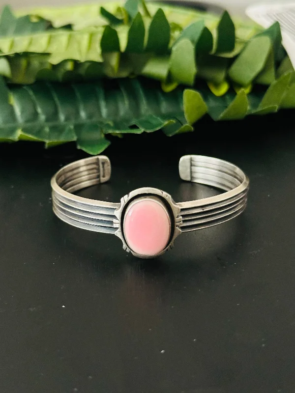 Magnetic Closure Women's Cuff Bracelets with Crystal Embellishments for Easy WearNavajo Made Pink Conch & Sterling Silver Cuff Bracelet