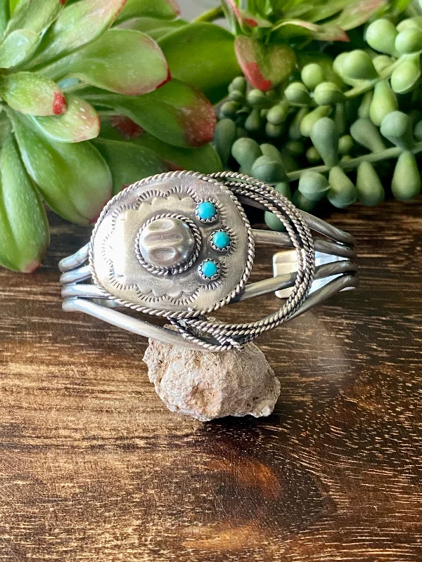 Women's Cuff Bracelets with Tassel Decorations for a Boho - Chic StyleNavajo Made Kingman Turquoise & Sterling Silver Cowboy Hat Cuff Bracelet