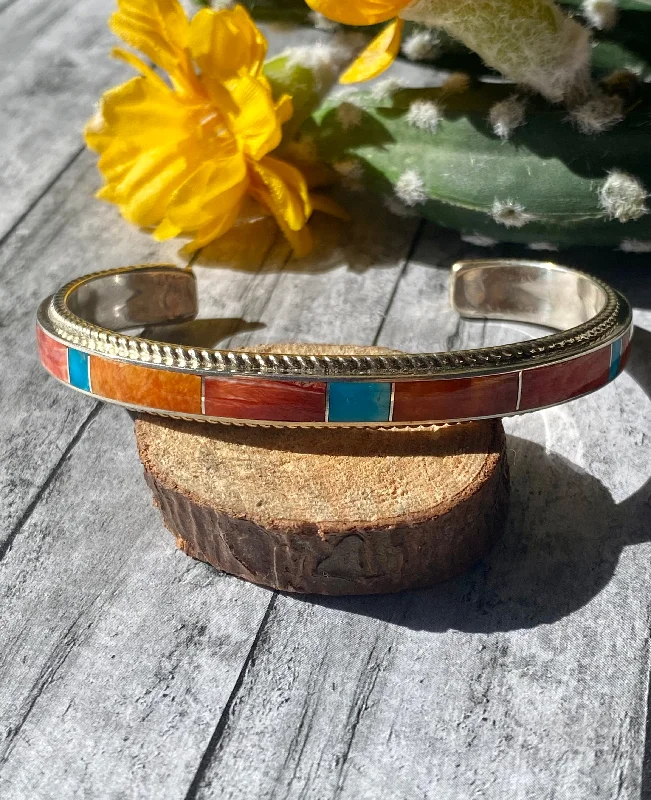 Large - Sized Women's Leather Cuff Bracelets with Studded Details for a Punk - Rock VibeZuni Made Ricky Boqua Multi Stone & Sterling Silver Inlay Cuff Bracelet