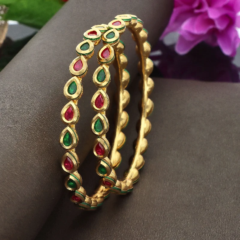 Stretch Bangle Bracelets with Elastic Cord for a Comfortable FitKempu Ruby And Emerald Drop Design Kundan Bangles