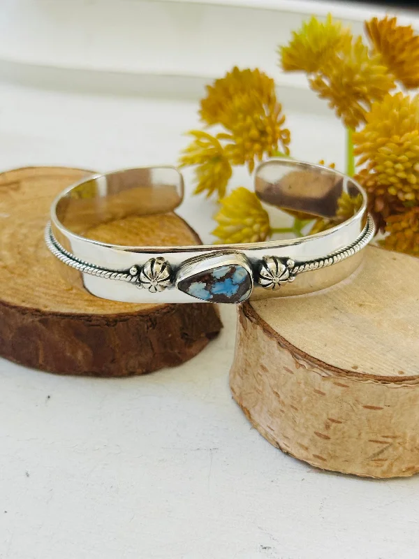 Gold - Plated Women's Cuff Bracelets with Precious Gemstone Inlays for Luxury and EleganceSouthwest Made Golden Hills Turquoise & Sterling Silver Cuff Bracelet