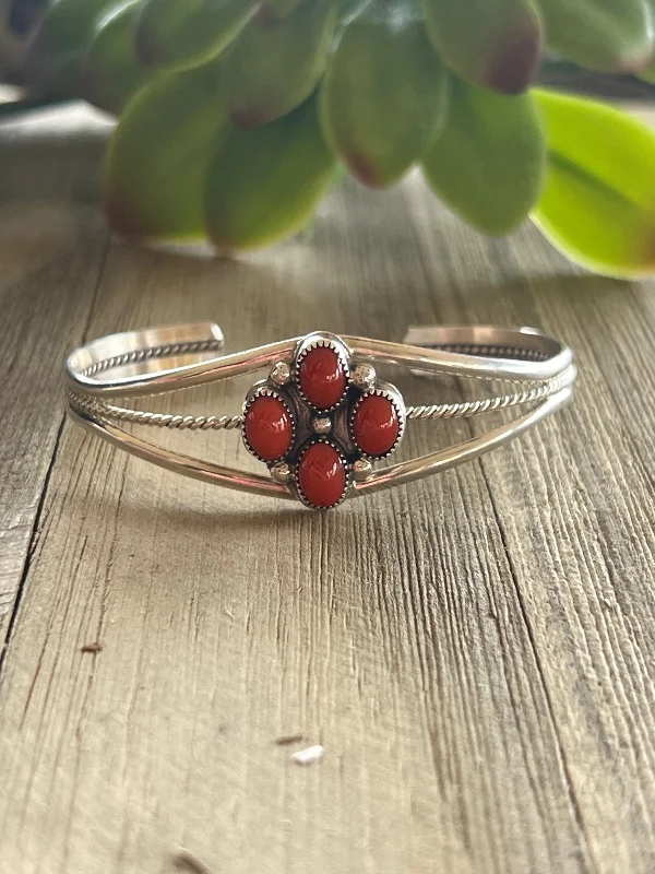 Wooden Women's Cuff Bracelets with Carved Motifs for a Natural and Artistic LookNavajo Made Mediterranean Coral & Sterling Silver Cuff Bracelet